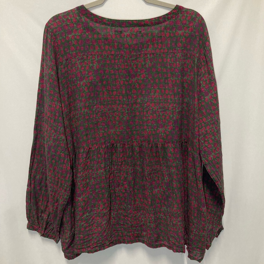 Gudrun Sjoden Ottillia Blouse Button Down Tunic Top Green Red Petals XL - Picture 2 of 15